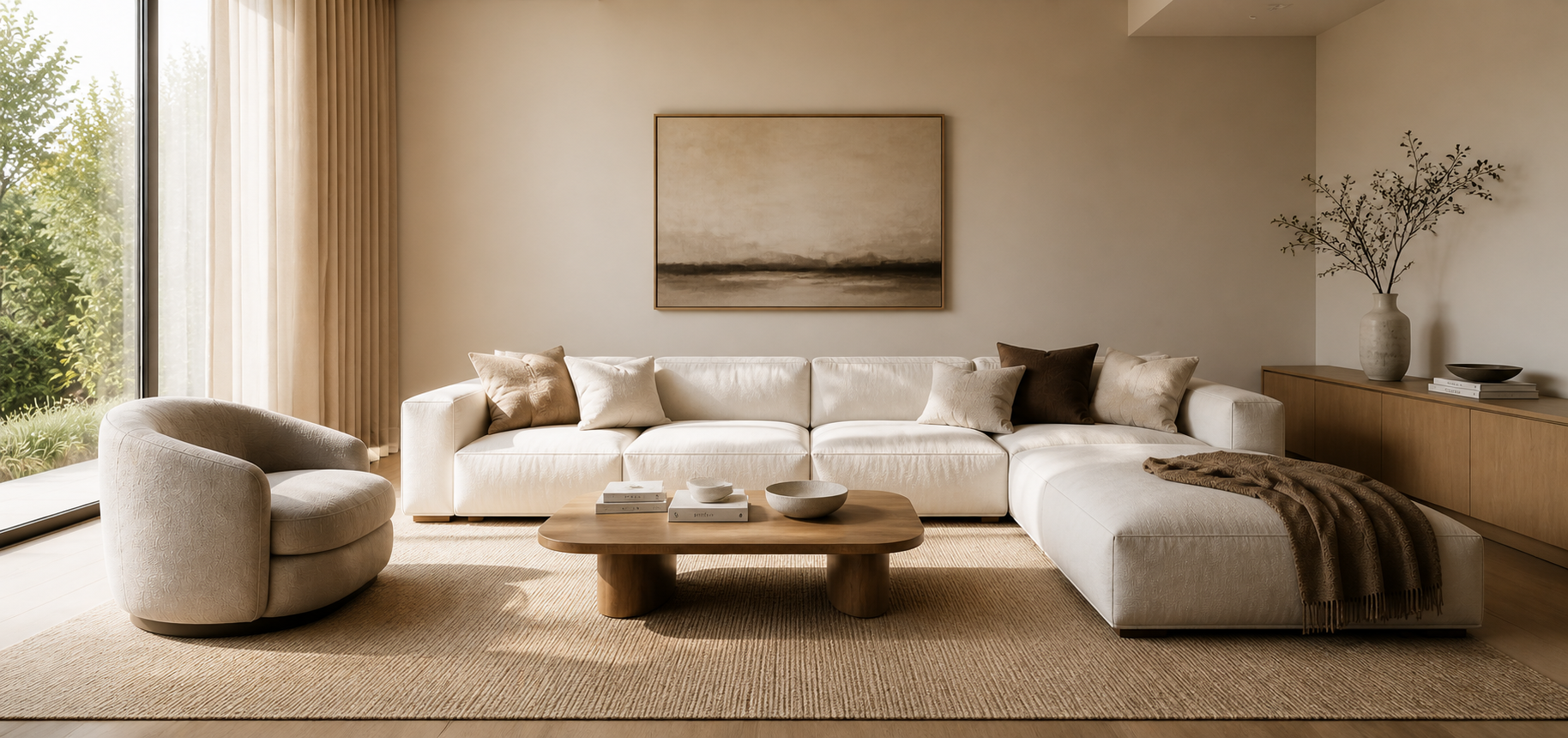 Refined warm modern living space with natural light and layered neutral materials